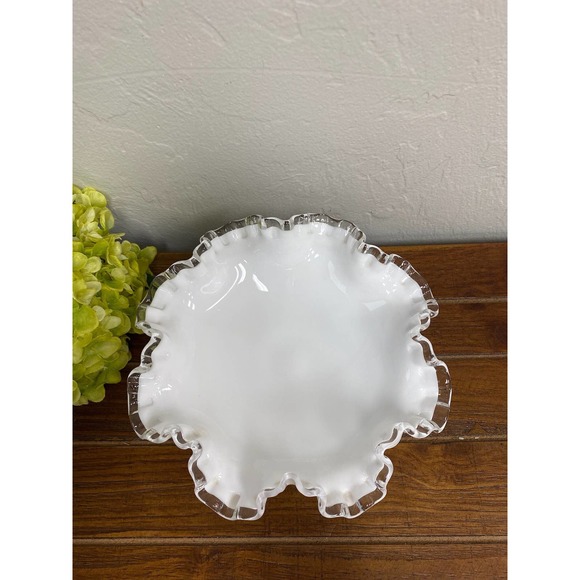 Fenton Silver Crest Milk Glass Compote Dish, Footed Bowl with Ruffled Edge - Picture 3 of 5